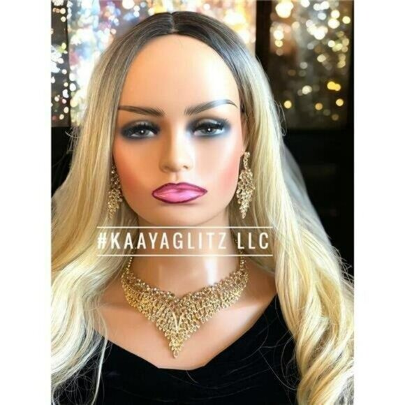 Gold Necklace Set Rhinestone Necklace Earrings Dangle Drop Gold Prom Jewelry Set - Picture 2 of 4